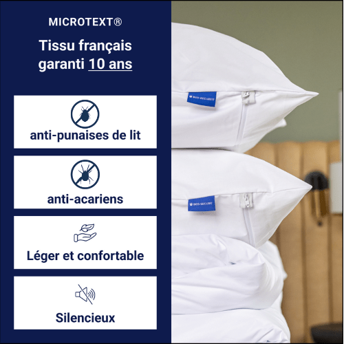 Tissu français housse anti punaises de lit, anti acariens, léger, confortable, silencieux et respirant. Garantie 10 ans.