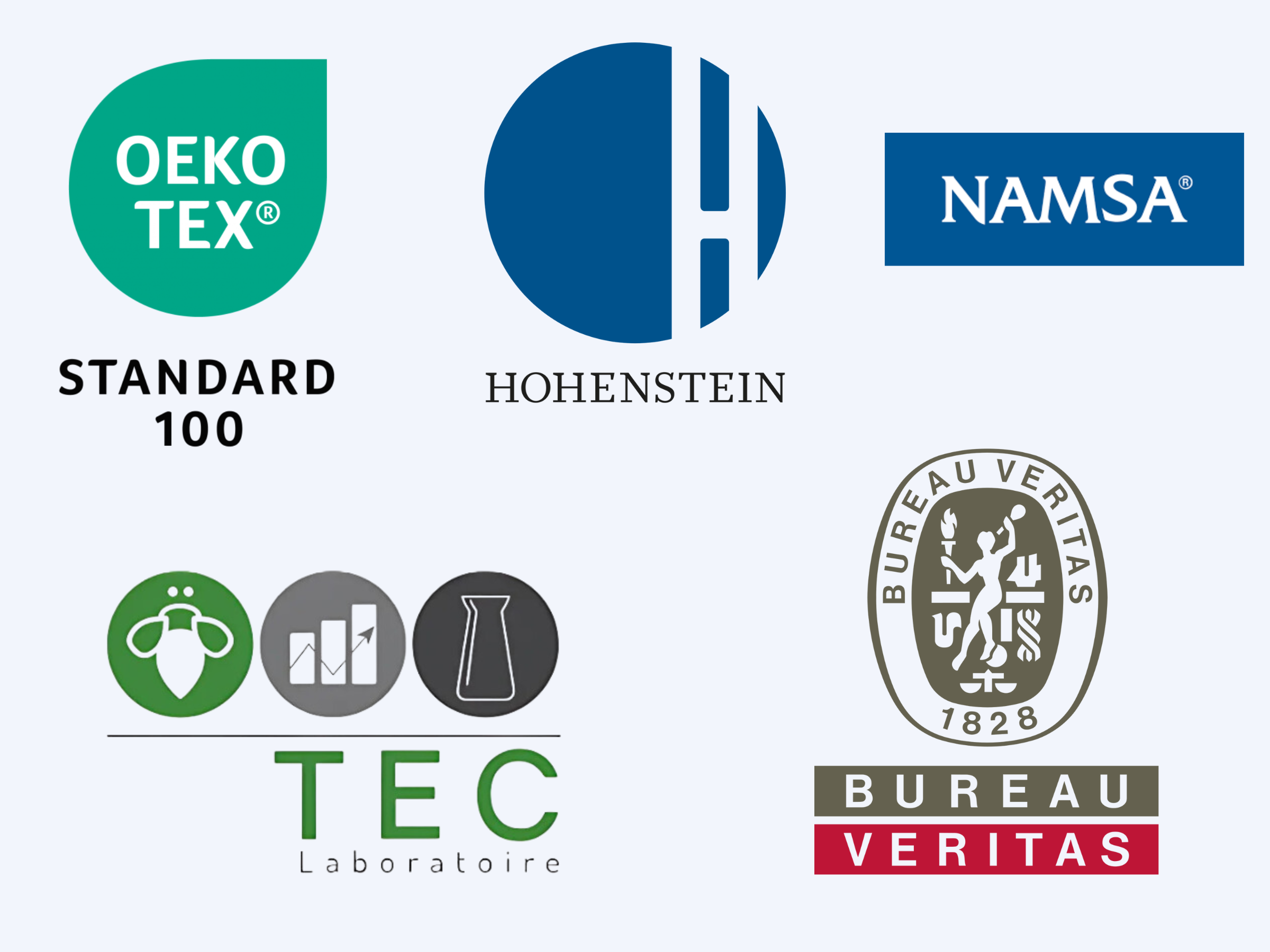 logo de certification pour des housses anti-punaises de lit. Oeko-tex, hohenstein, namsa, Tec laboratoire, bureau, veritas